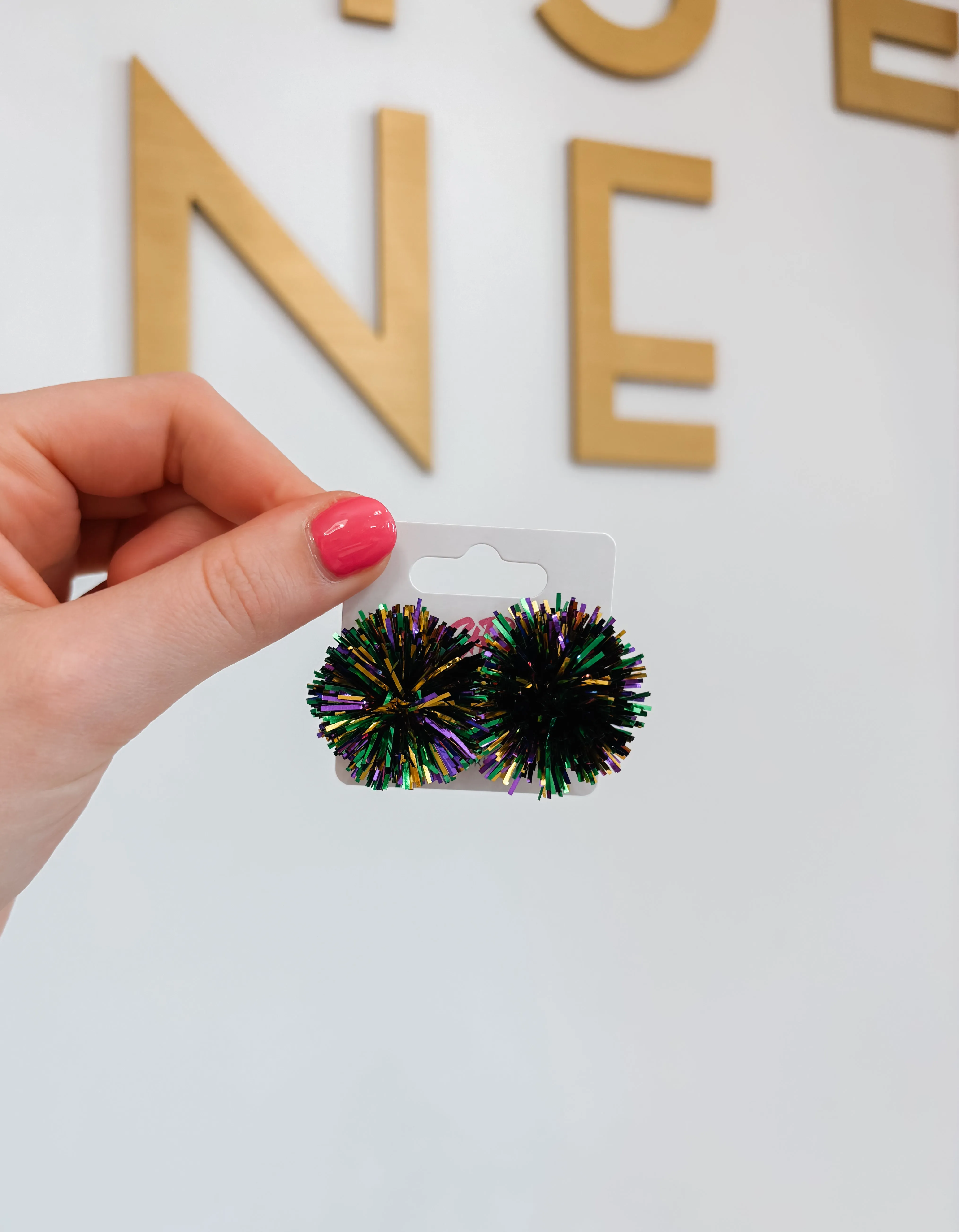 Mardi Gras Tinsel Pom Pom Earrings