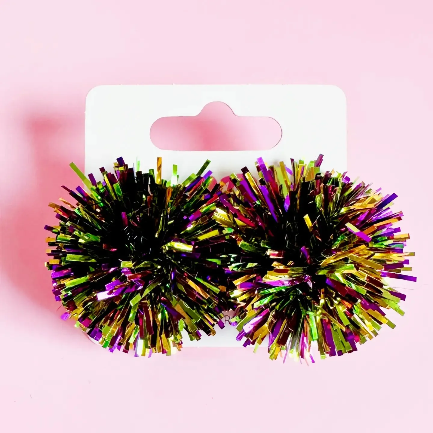 Mardi Gras Tinsel Pom Pom Earrings