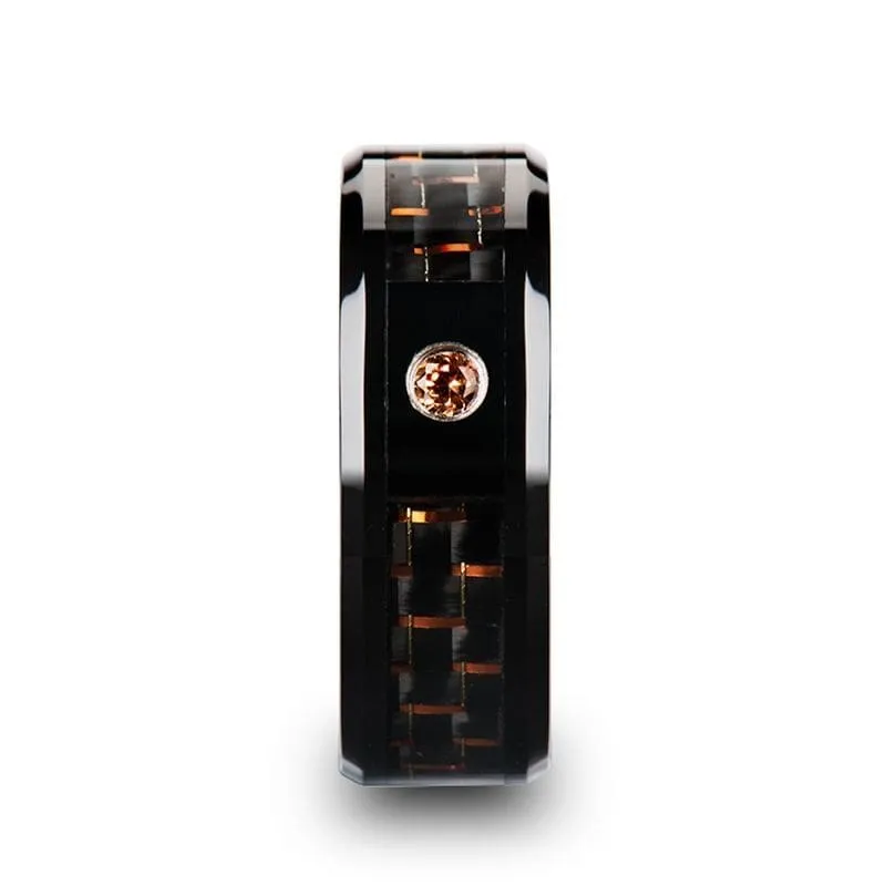 Men's Ceramic Ring With Black & Orange Carbon Fiber And Orange Padparadscha Setting - 8mm