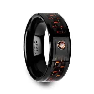 Men's Ceramic Ring With Black & Orange Carbon Fiber And Orange Padparadscha Setting - 8mm
