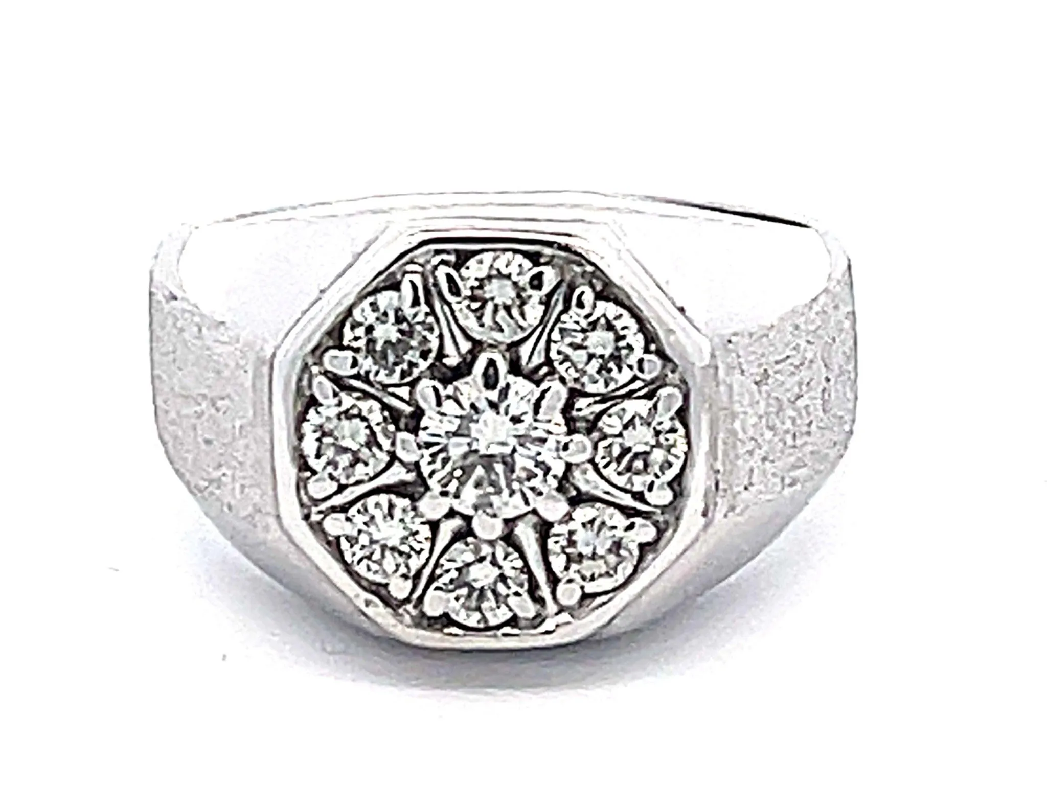 Mens Round Diamond Cluster Center Ring with Textured Shoulders in 14k White Gold