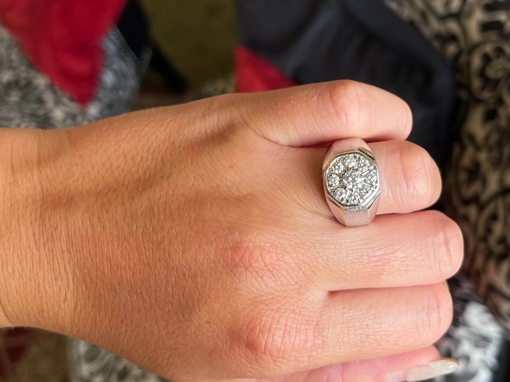 Mens Round Diamond Cluster Center Ring with Textured Shoulders in 14k White Gold