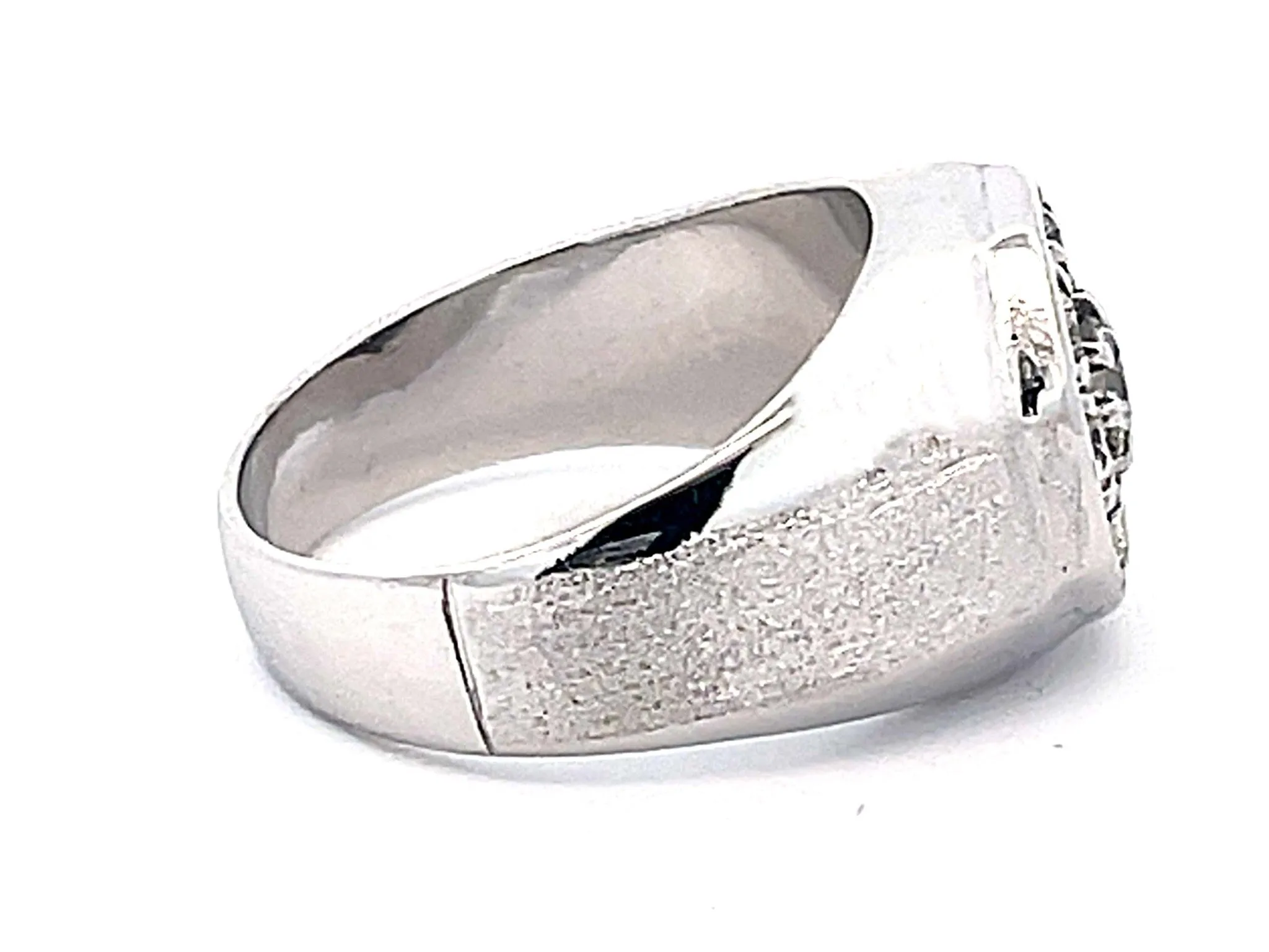 Mens Round Diamond Cluster Center Ring with Textured Shoulders in 14k White Gold