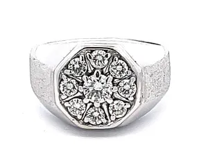 Mens Round Diamond Cluster Center Ring with Textured Shoulders in 14k White Gold