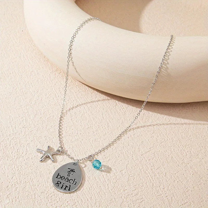 Men's Sea Glass Pendant Starfish Pearl Long Chain Necklace