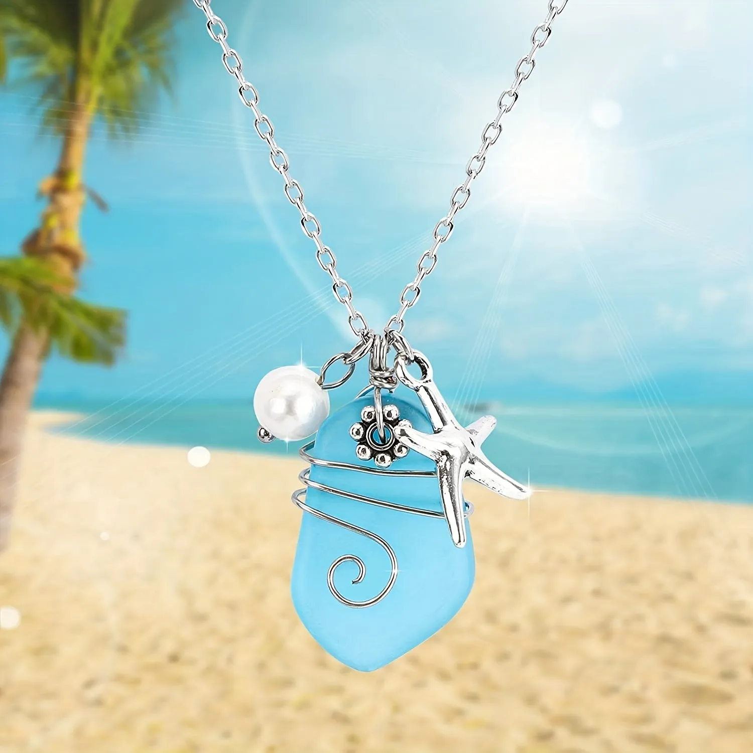 Men's Sea Glass Pendant Starfish Pearl Long Chain Necklace