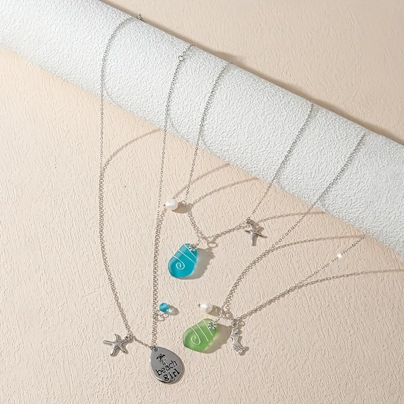 Men's Sea Glass Pendant Starfish Pearl Long Chain Necklace
