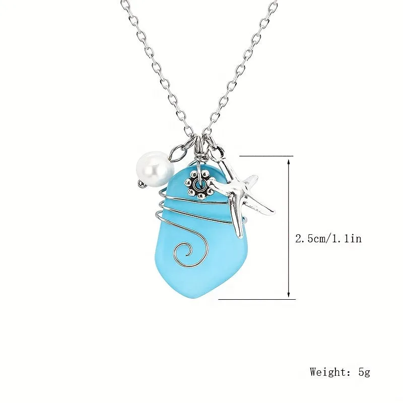 Men's Sea Glass Pendant Starfish Pearl Long Chain Necklace