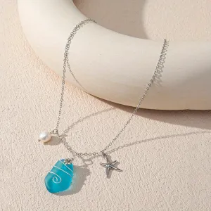 Men's Sea Glass Pendant Starfish Pearl Long Chain Necklace