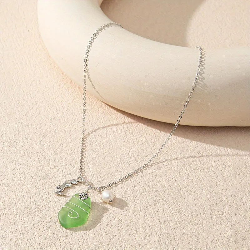 Men's Sea Glass Pendant Starfish Pearl Long Chain Necklace
