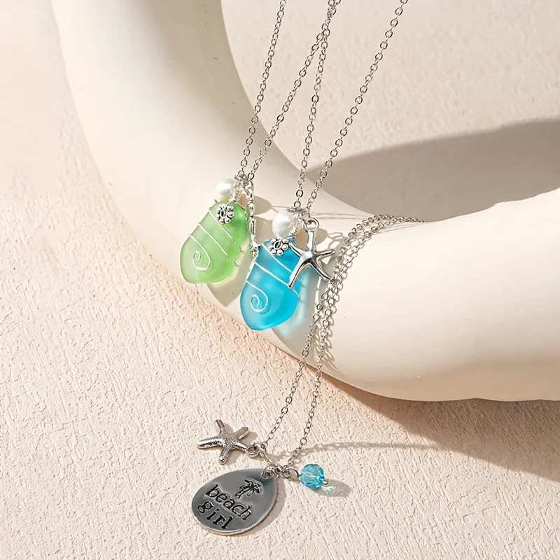 Men's Sea Glass Pendant Starfish Pearl Long Chain Necklace