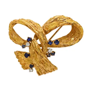 Michele Morgan sapphire diamond 18k yellow gold ribbon brooch