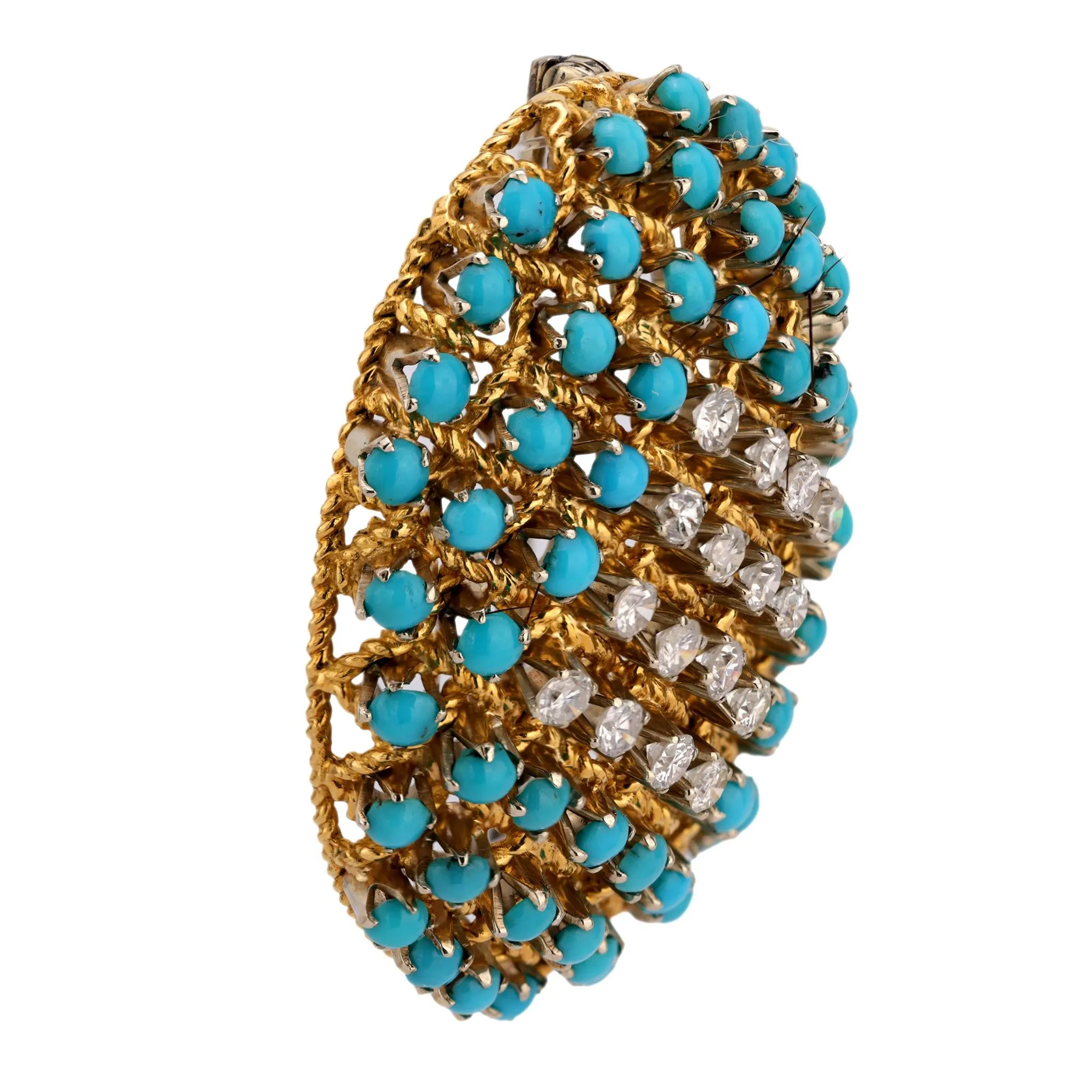 Mid Century turquoise diamond 18k yellow gold brooch