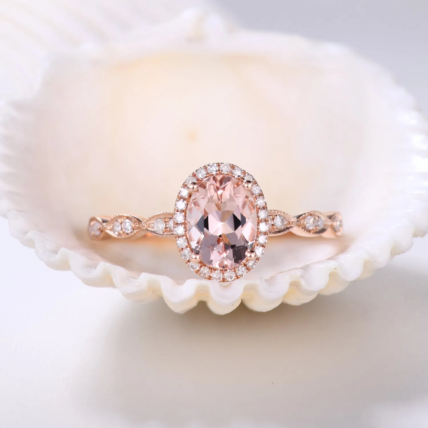 Milgrain 5x7mm Oval Cut Halo Morganite and Diamond Engagement Ring Art Deco