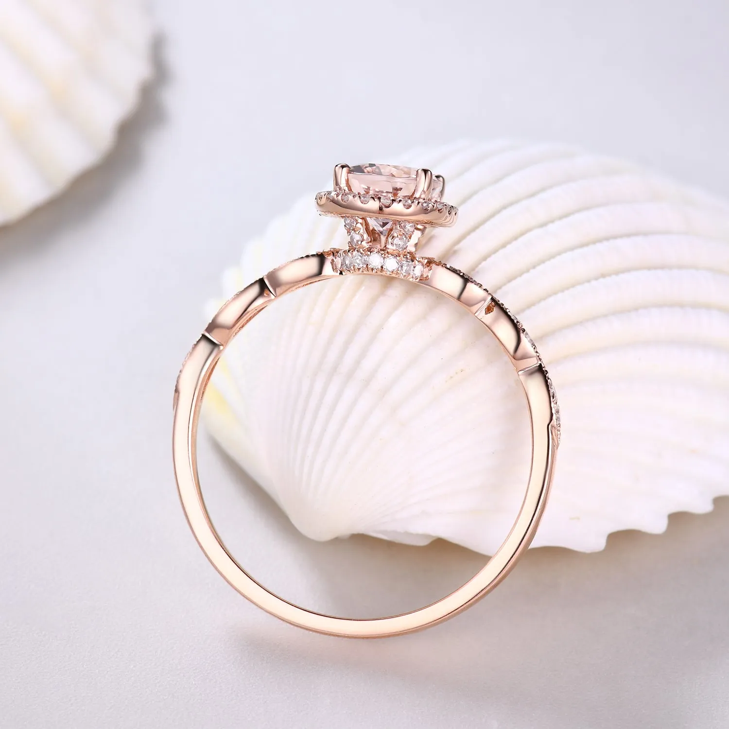 Milgrain 5x7mm Oval Cut Halo Morganite and Diamond Engagement Ring Art Deco