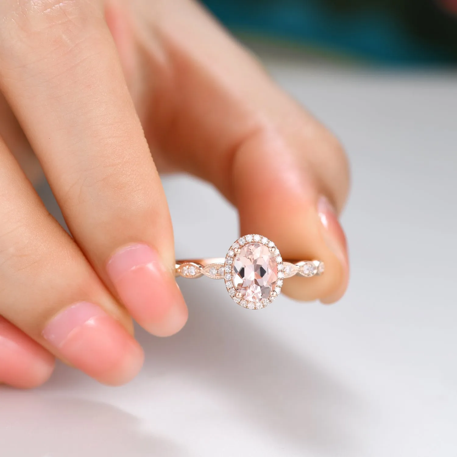 Milgrain 5x7mm Oval Cut Halo Morganite and Diamond Engagement Ring Art Deco