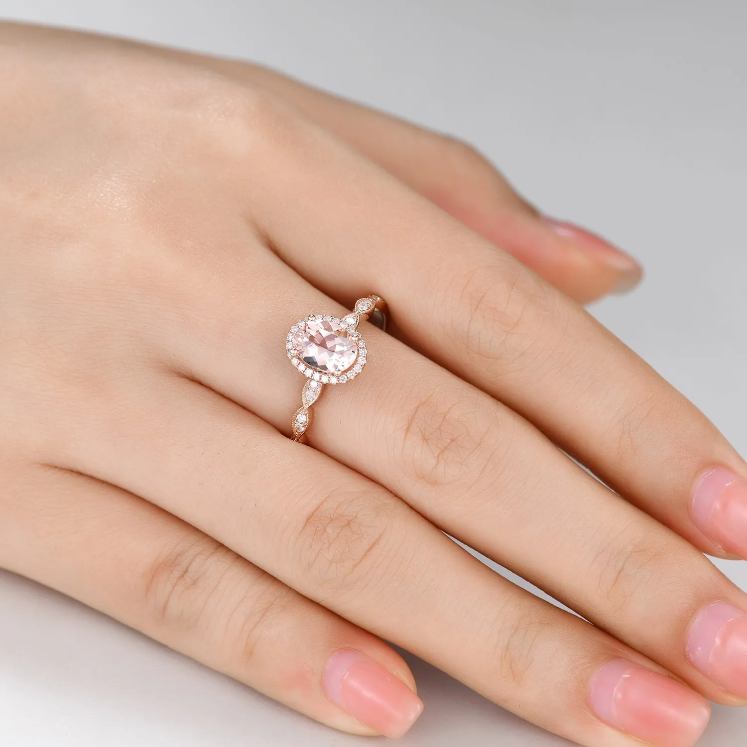 Milgrain 5x7mm Oval Cut Halo Morganite and Diamond Engagement Ring Art Deco