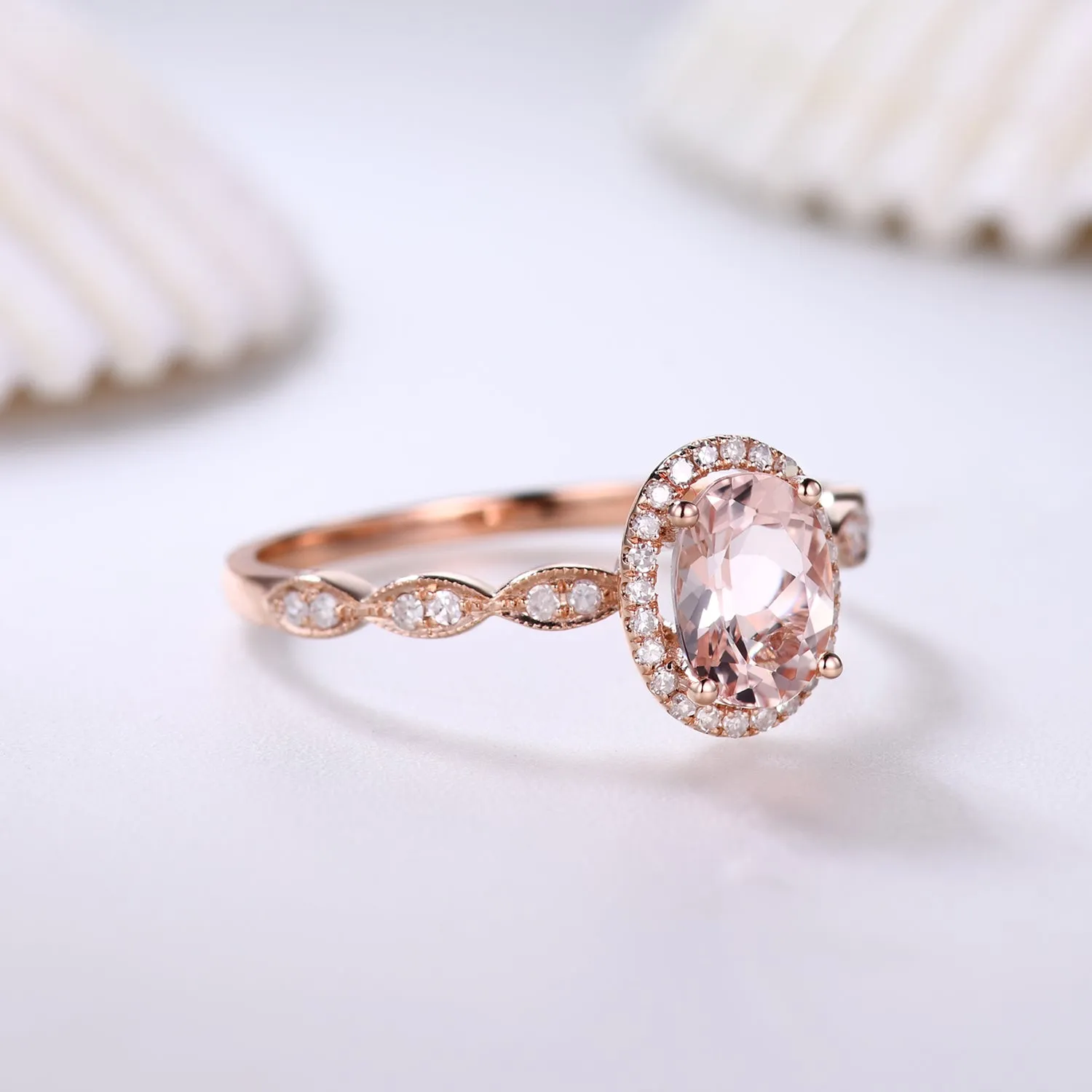 Milgrain 5x7mm Oval Cut Halo Morganite and Diamond Engagement Ring Art Deco