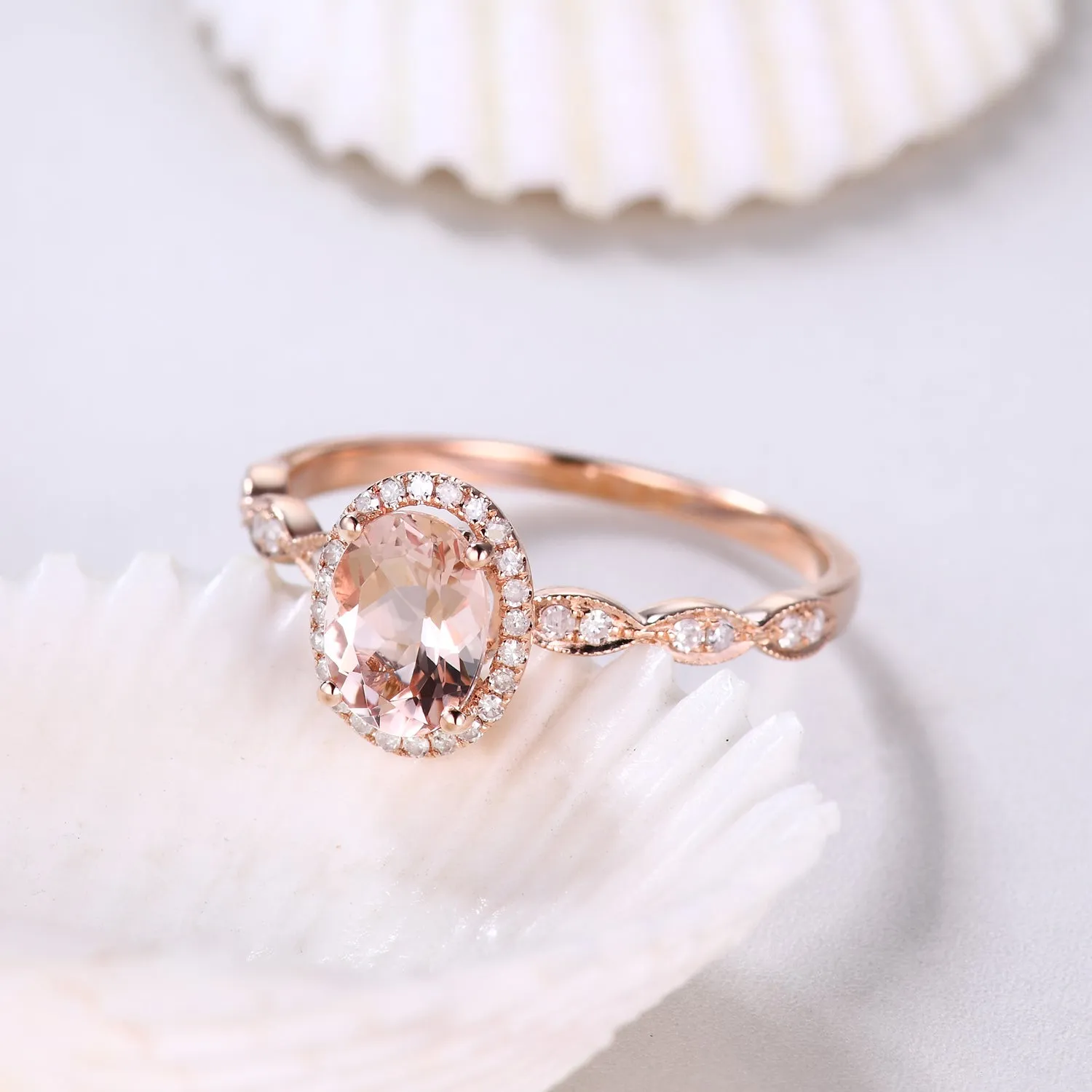 Milgrain 5x7mm Oval Cut Halo Morganite and Diamond Engagement Ring Art Deco