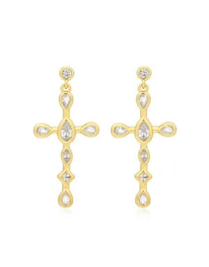 Mini Bezel Stone Cross Studs- Gold