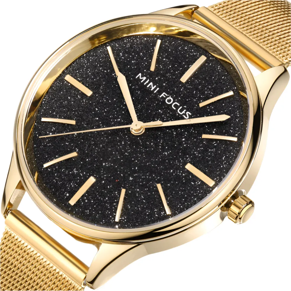 Mini Focus Gold Mesh Bracelet Black Dial Quartz Watch for Ladies - MF0044L-04