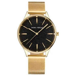 Mini Focus Gold Mesh Bracelet Black Dial Quartz Watch for Ladies - MF0044L-04