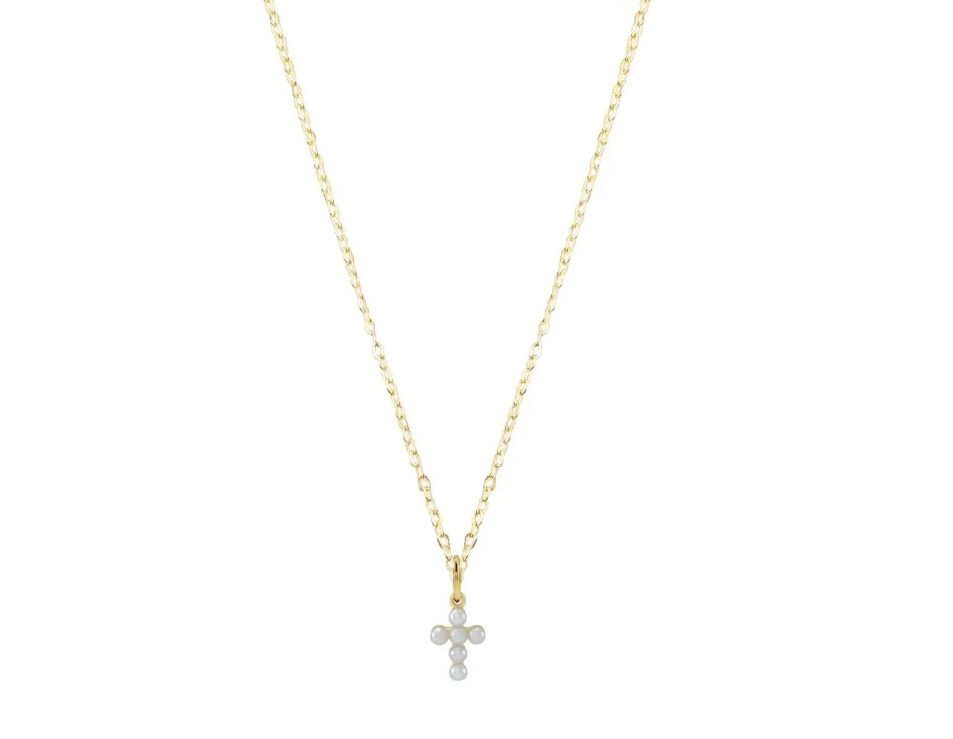 Mini Pearl Cross Necklace Gold 16” with 2” Extension