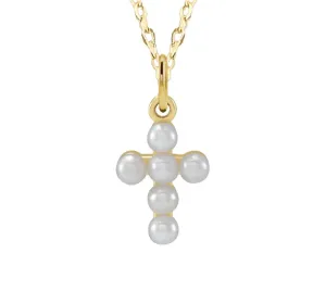 Mini Pearl Cross Necklace Gold 16” with 2” Extension