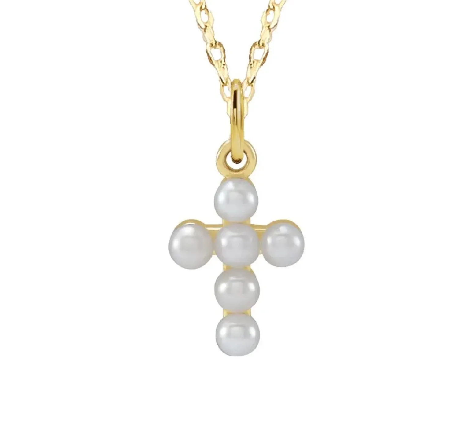 Mini Pearl Cross Necklace Gold 16” with 2” Extension