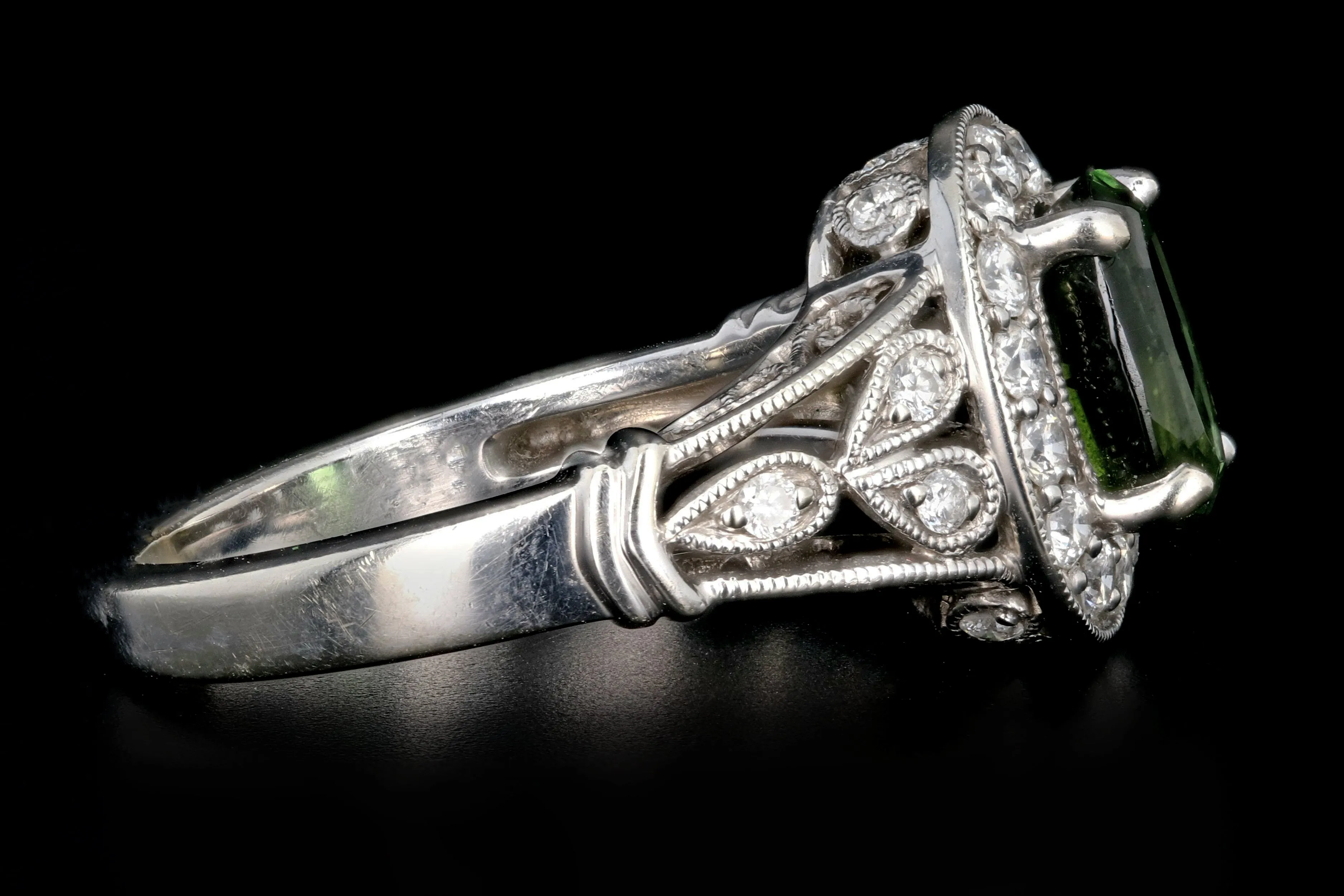 Modern 14K White Gold 1.20CT Green Tourmaline and Diamond Ring