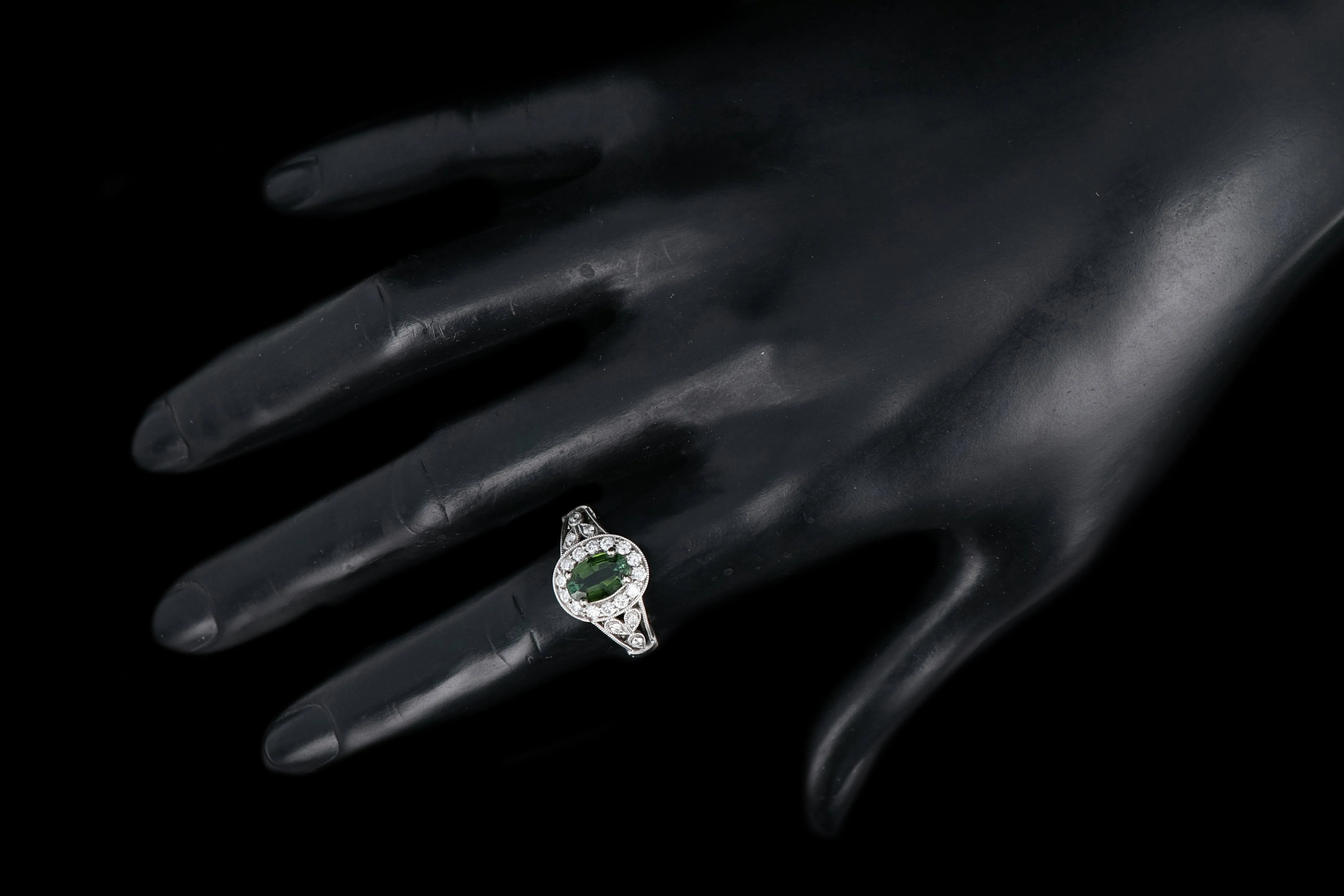 Modern 14K White Gold 1.20CT Green Tourmaline and Diamond Ring