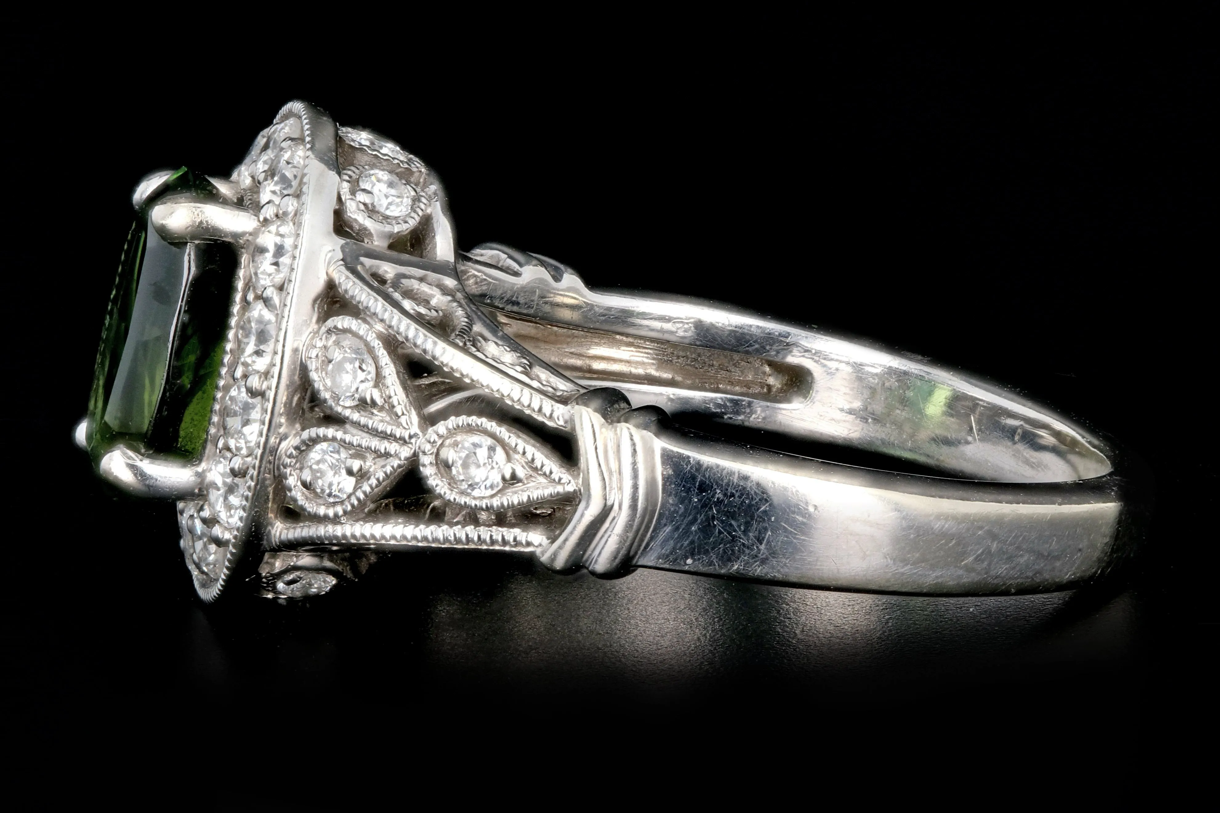 Modern 14K White Gold 1.20CT Green Tourmaline and Diamond Ring