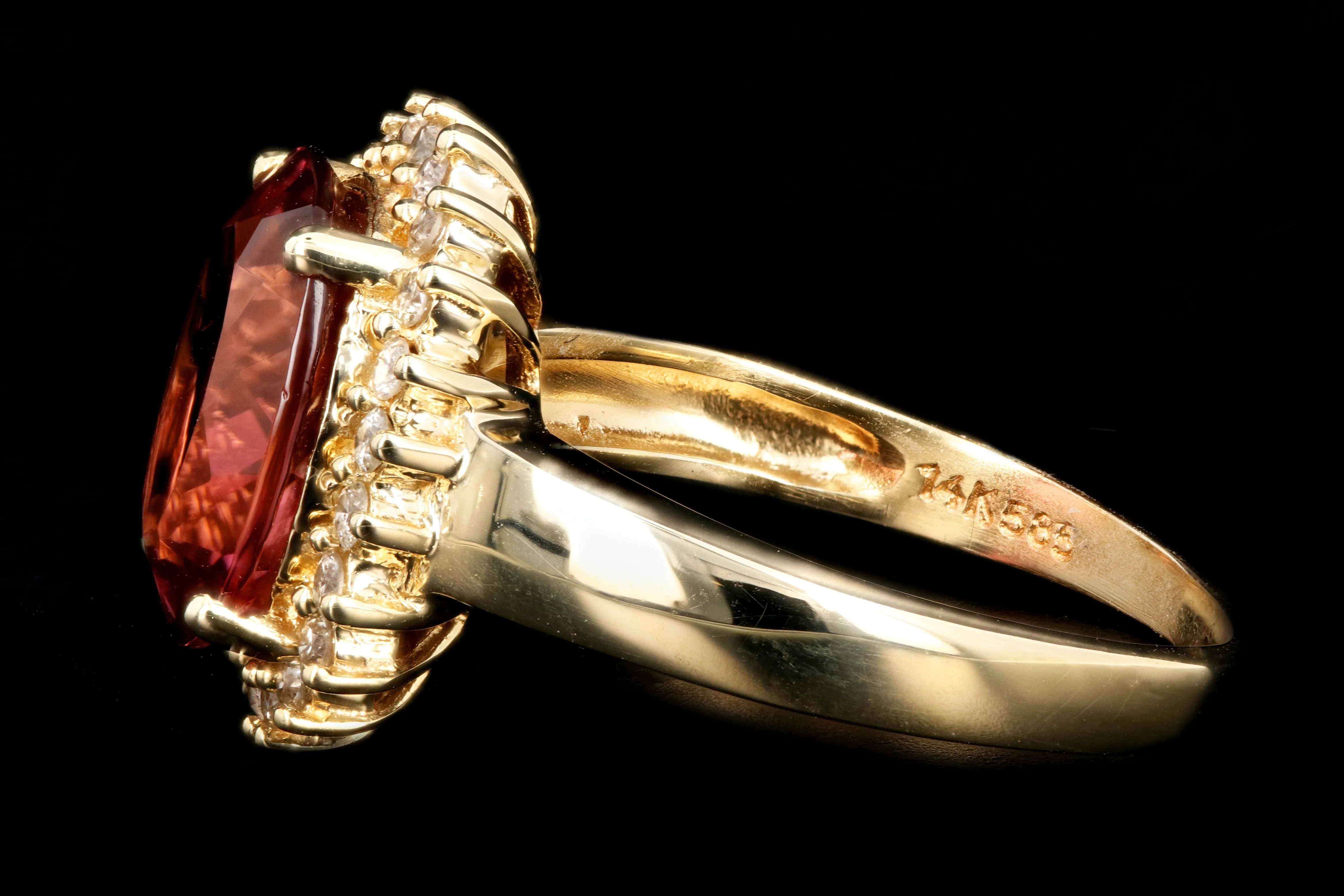 Modern 14K Yellow Gold 3.5 Carat Pink Tourmaline Diamond Halo Ring