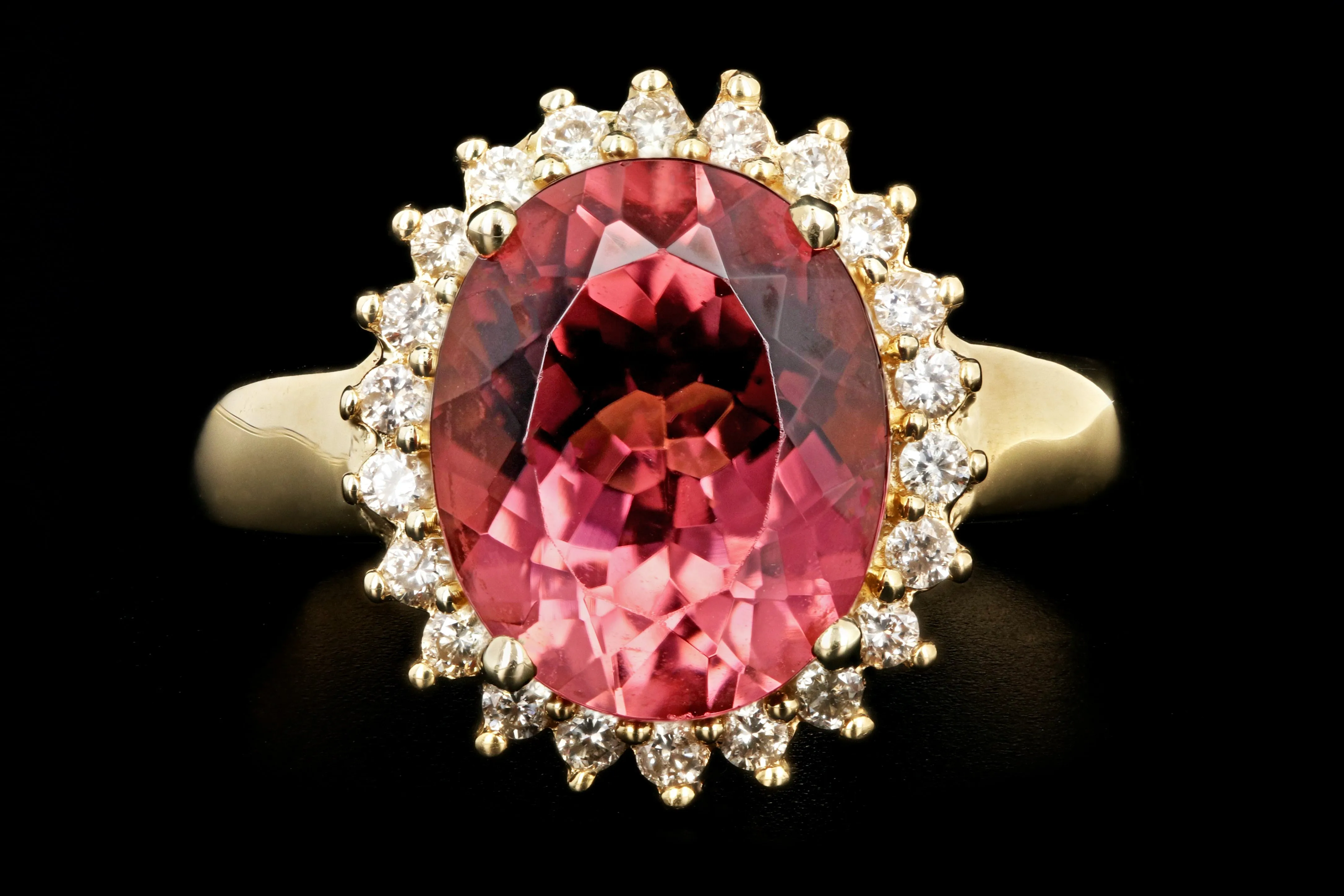 Modern 14K Yellow Gold 3.5 Carat Pink Tourmaline Diamond Halo Ring