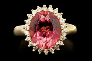 Modern 14K Yellow Gold 3.5 Carat Pink Tourmaline Diamond Halo Ring