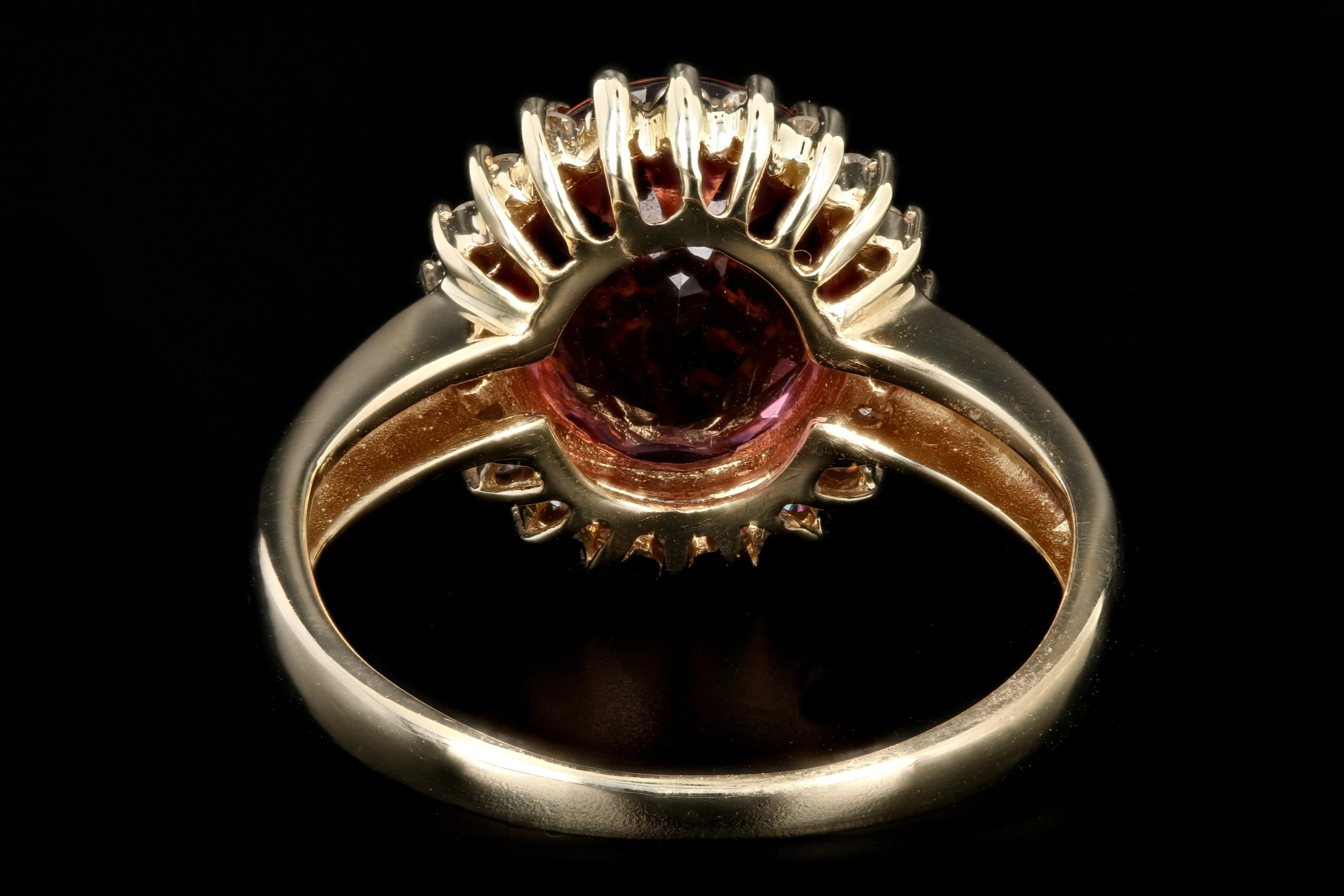 Modern 14K Yellow Gold 3.5 Carat Pink Tourmaline Diamond Halo Ring
