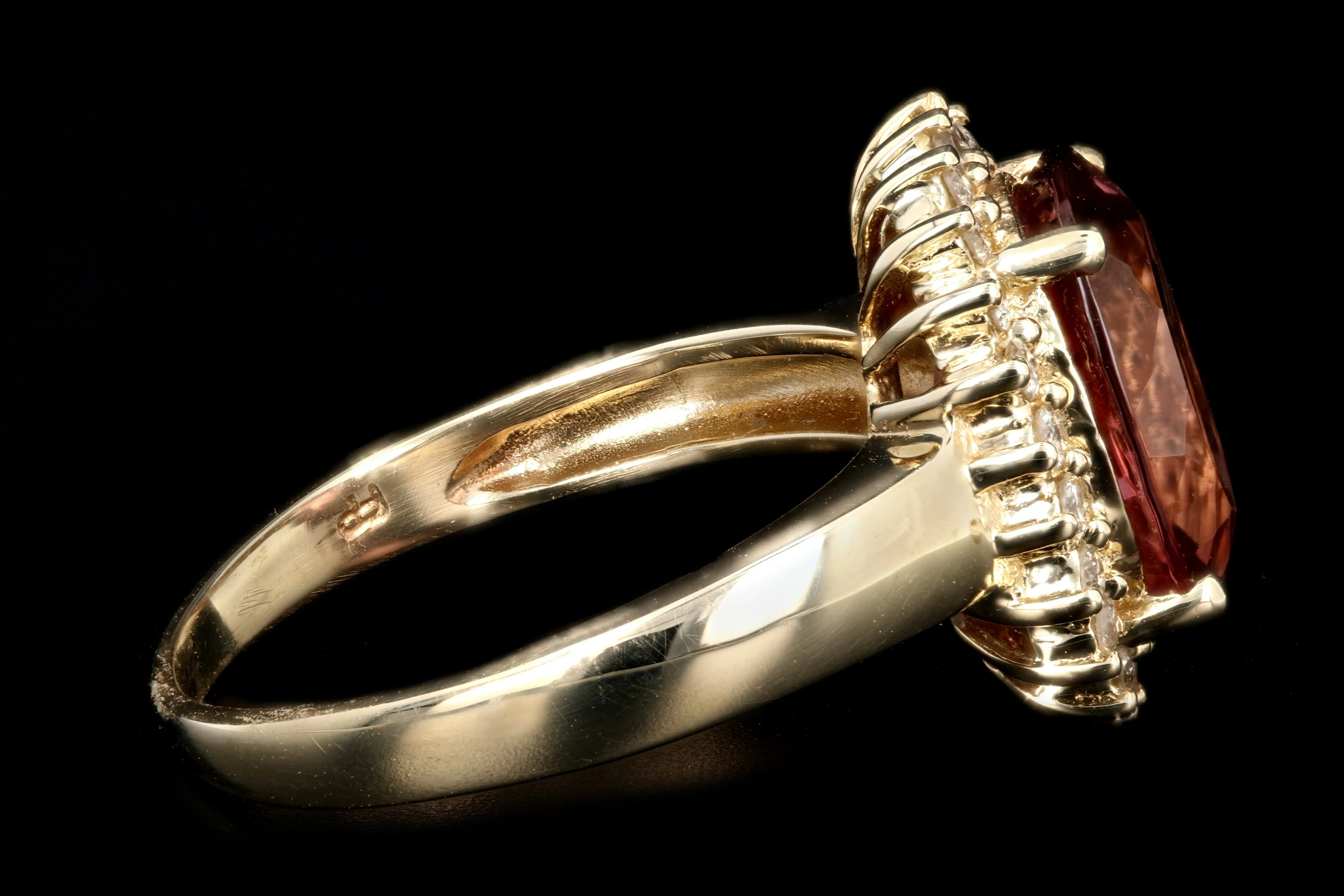 Modern 14K Yellow Gold 3.5 Carat Pink Tourmaline Diamond Halo Ring