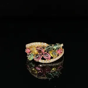 Multi-Color Sapphire Bouquet Diamond Bypass Ring in 18k Yellow Gold - (#232 - HRMIX000870)