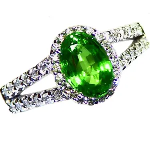 Natural 1.92ct Tsavorite Garnet .58ct Diamond Halo 14k White Gold Ring