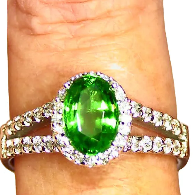 Natural 1.92ct Tsavorite Garnet .58ct Diamond Halo 14k White Gold Ring