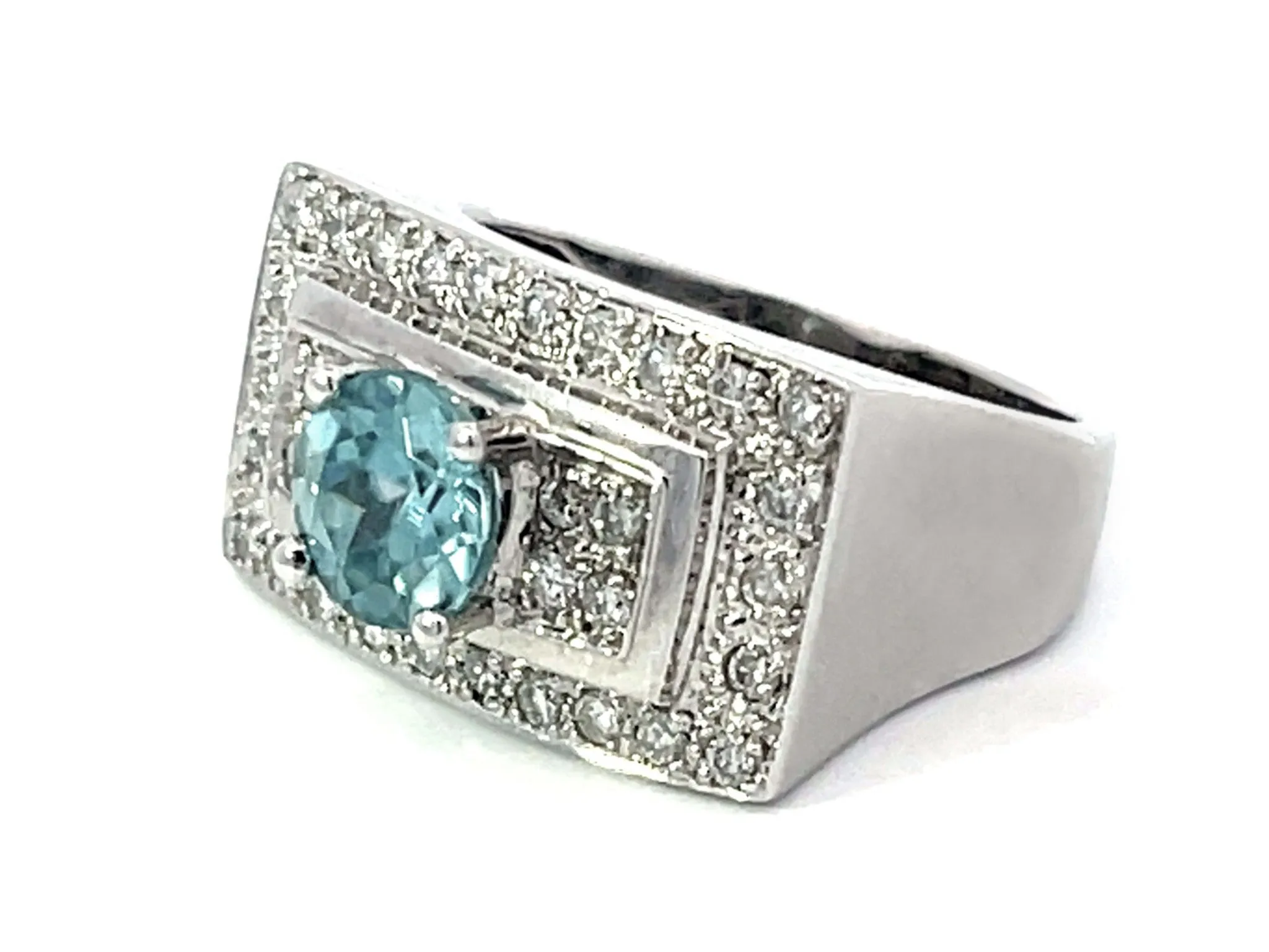 Natural Blue Zircon and Diamond Rectangular Ring in Platinum