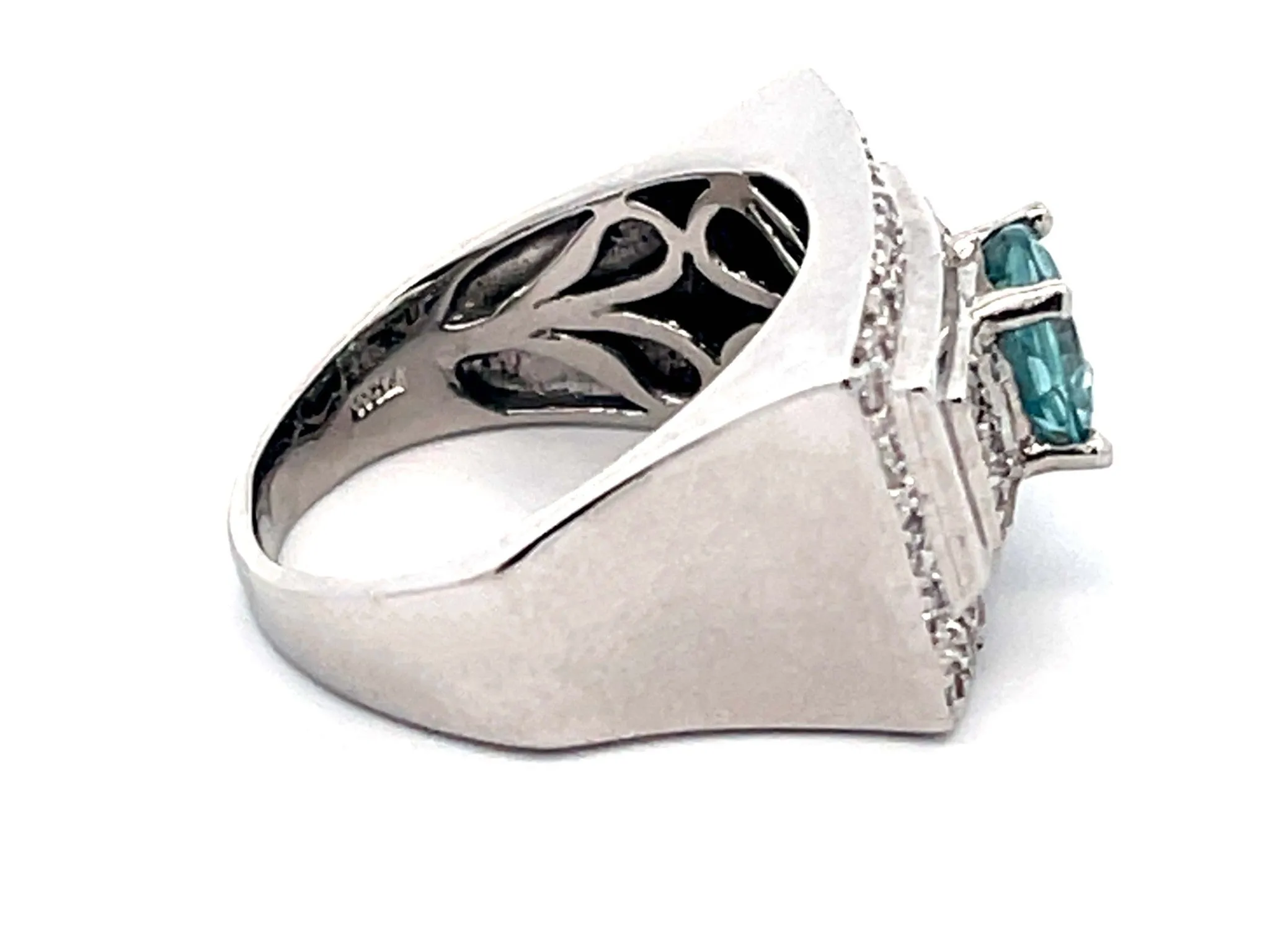 Natural Blue Zircon and Diamond Rectangular Ring in Platinum