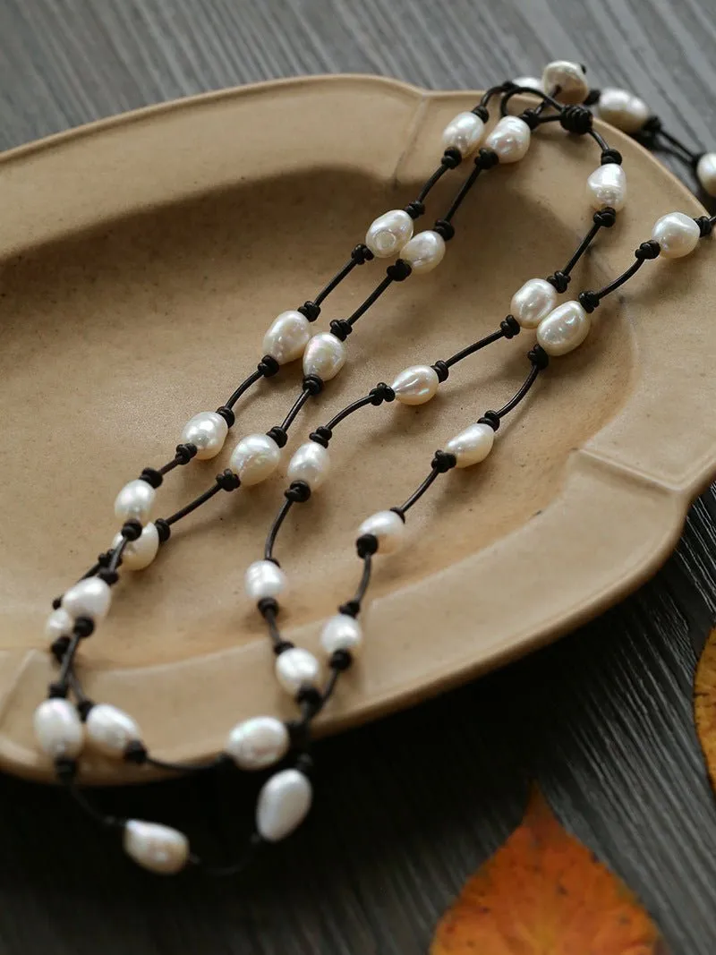Niche Long Knotted Leather Pearl Long Necklace