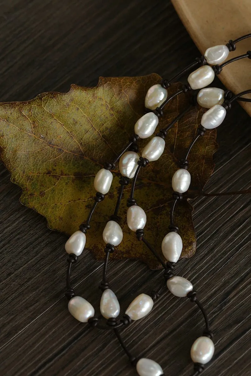 Niche Long Knotted Leather Pearl Long Necklace