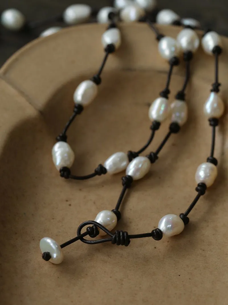 Niche Long Knotted Leather Pearl Long Necklace