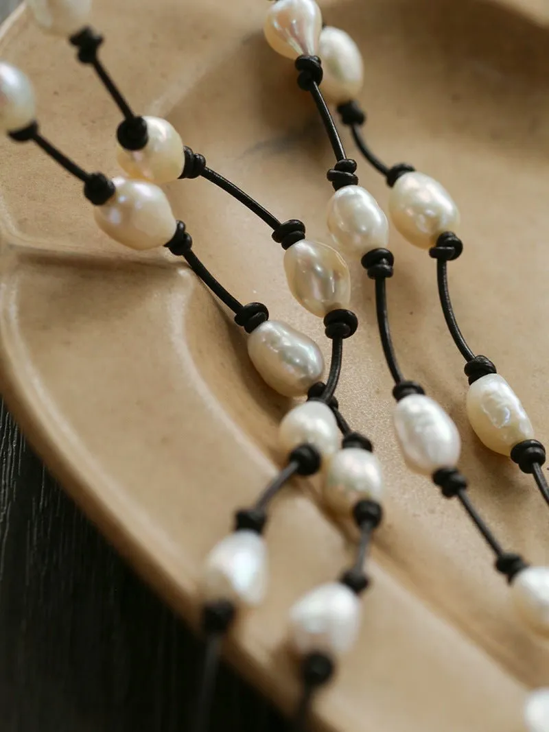 Niche Long Knotted Leather Pearl Long Necklace