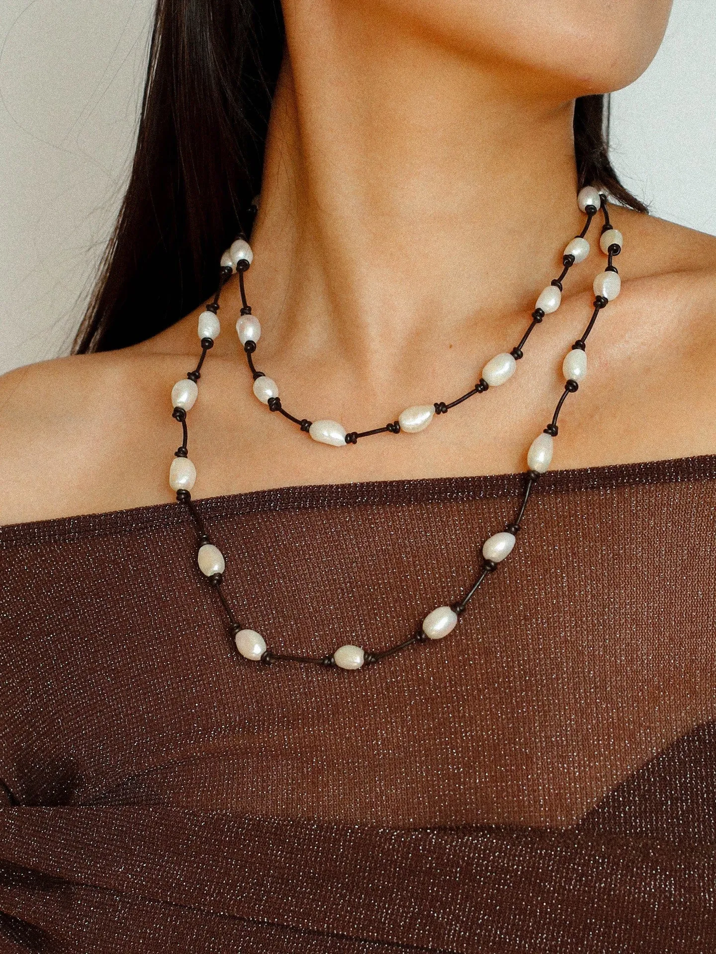 Niche Long Knotted Leather Pearl Long Necklace