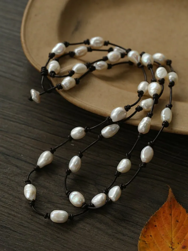 Niche Long Knotted Leather Pearl Long Necklace