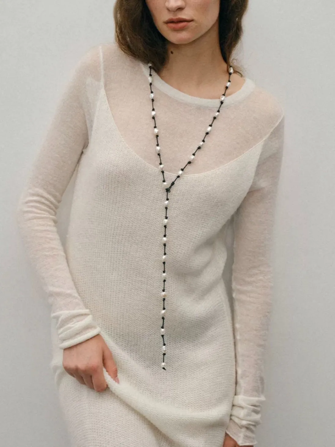 Niche Long Knotted Leather Pearl Long Necklace