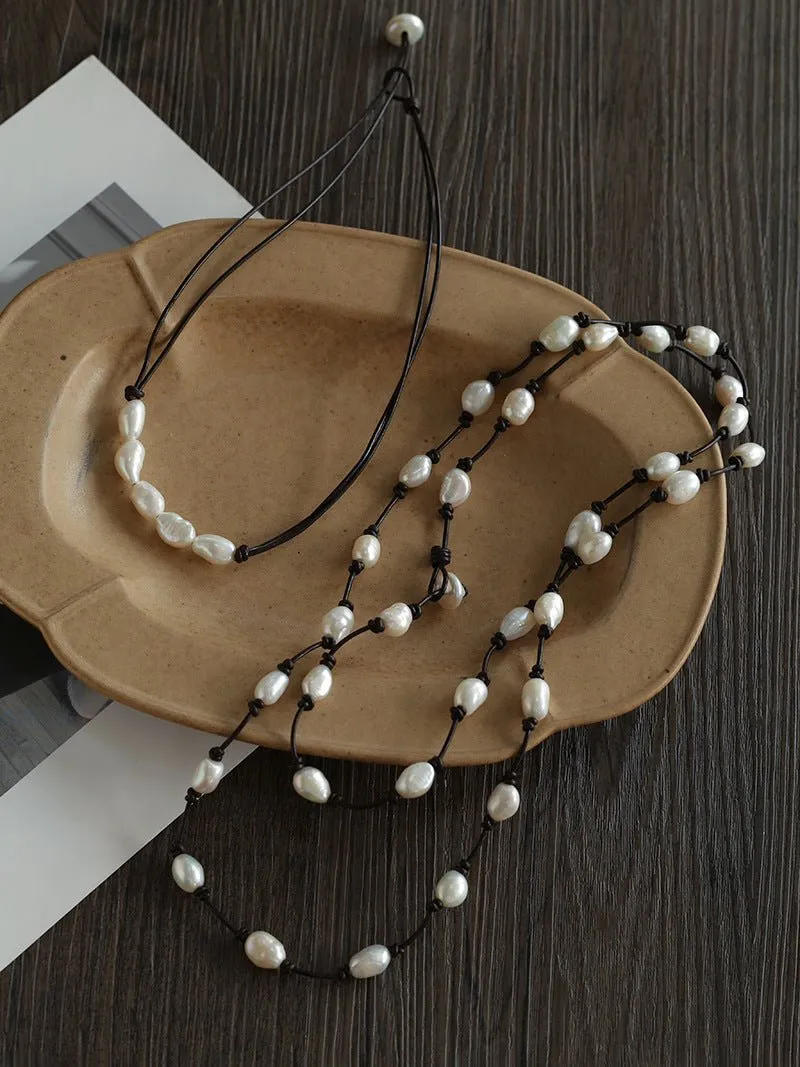 Niche Long Knotted Leather Pearl Long Necklace